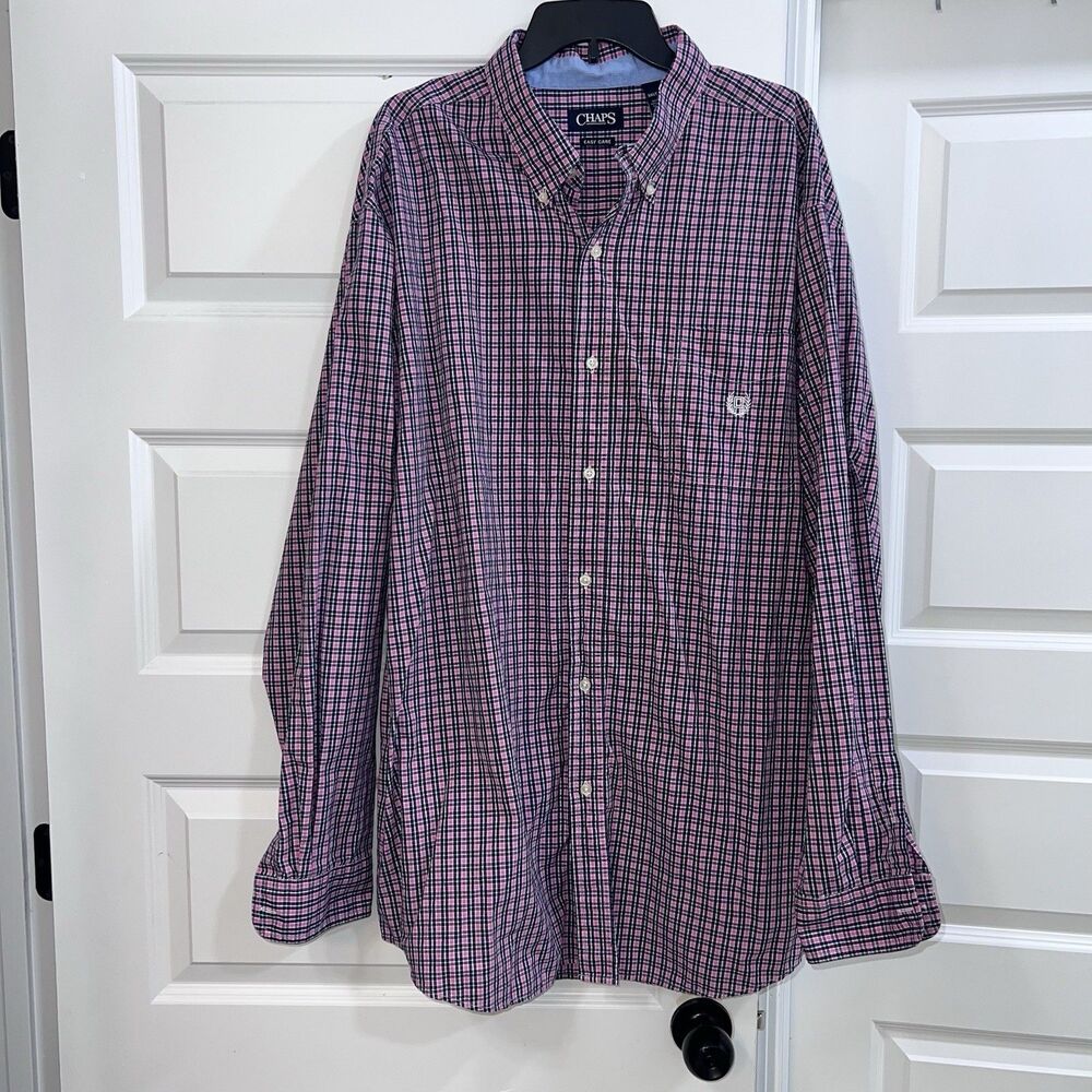 Chaps Mens 3XLT Big & Tall Easy Care Long Sleeve Button Down Check Pink Navy